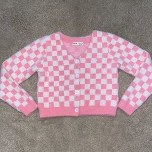 Girls Shein Cropped Pink Checkered Cardigan